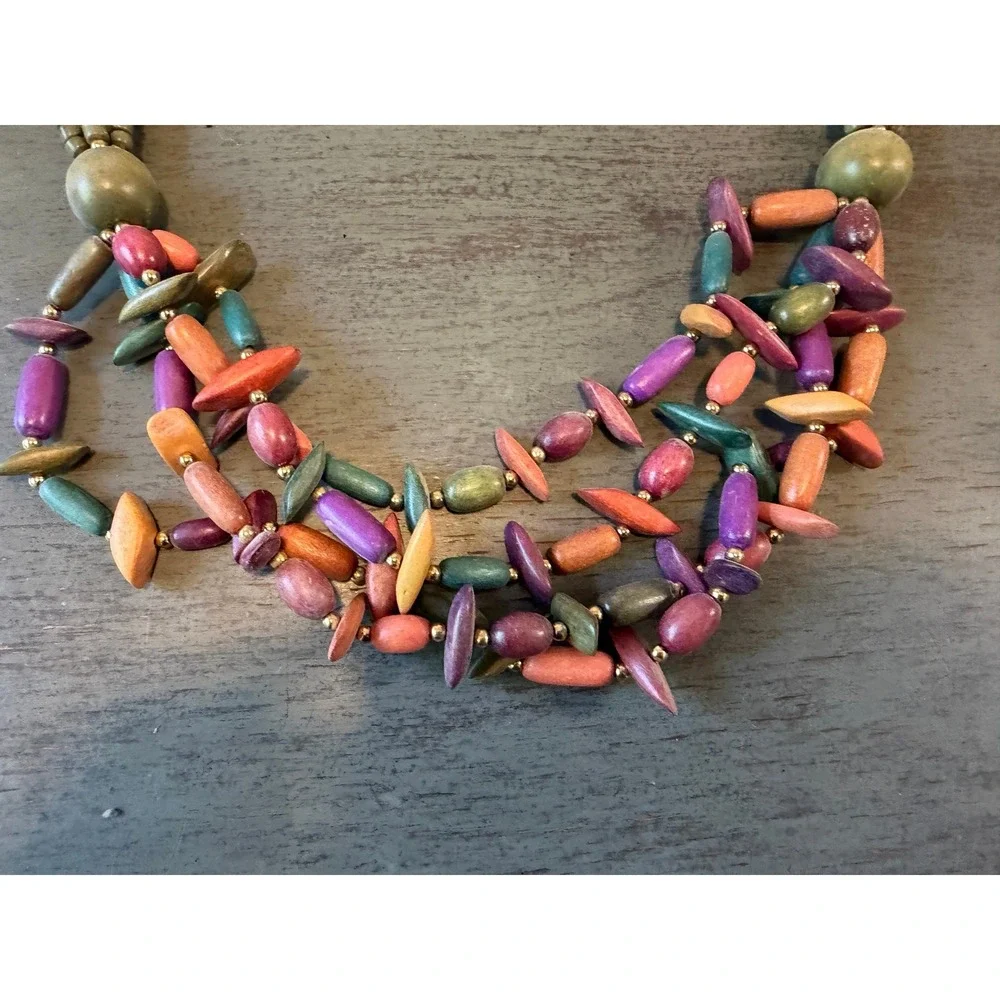 Vintage Colorful Wooden Bead Multi Strand Statement Necklace Boho Bib Earthy